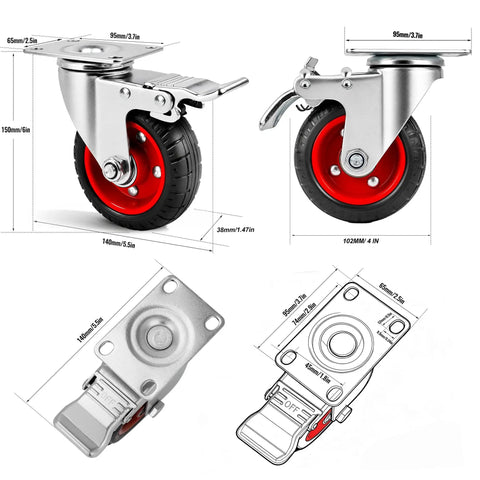 4 Inch Heavy Duty Swivel Casters With Dual Lock Safety Brakes And Non Marking Rubber Tires for carts, featuring red rubber wheels and metal housing.