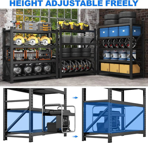 Legit Heavy Duty 4 Tier Steel Shelving Rack 59 By 59 Inches Built To Handle 6400 Pounds For Garage Storage Featuring Adjustable Bays And Reinforced Frames For Stress Free Organization with tools and tires.