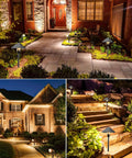 Low Voltage LED Landscape Lighting Kit For Your Yard And Garden With Path Lights And Spotlights illuminating entryway and steps