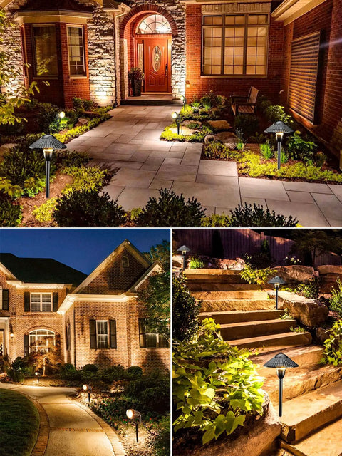 Low Voltage LED Landscape Lighting Kit For Your Yard And Garden With Path Lights And Spotlights illuminating entryway and steps