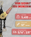 Heavy Duty Ratchet Chain Binders With Grab Hooks 5400 Lbs Working Load Limit Fits 5/16 To 3/8 Inch Chains Safe Lock System