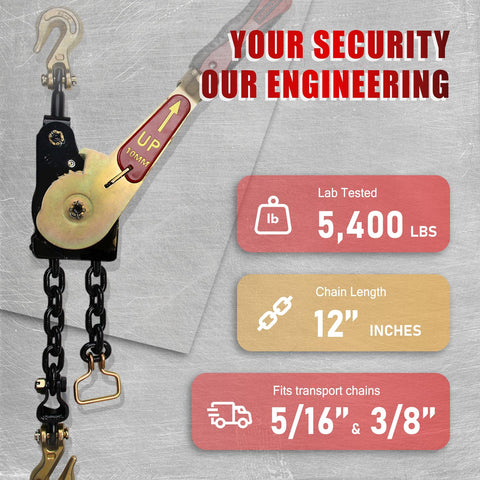 Heavy Duty Ratchet Chain Binders With Grab Hooks 5400 Lbs Working Load Limit Fits 5/16 To 3/8 Inch Chains Safe Lock System