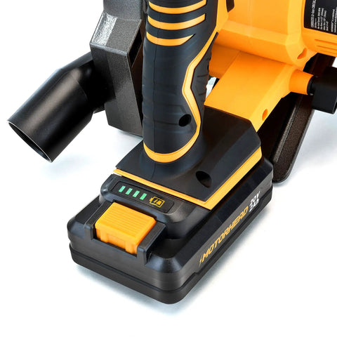 Close-up of 20V Ultra Cordless Circular Saw handle and battery port, featuring Luminmax LED, part of USA based kit.