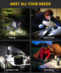 Collage of Beast Mode 99000 Lumen USB Rechargeable Flashlight Pack used for hiking, night work, outdoor and camping scenarios.