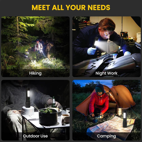 Collage of Beast Mode 99000 Lumen USB Rechargeable Flashlight Pack used for hiking, night work, outdoor and camping scenarios.