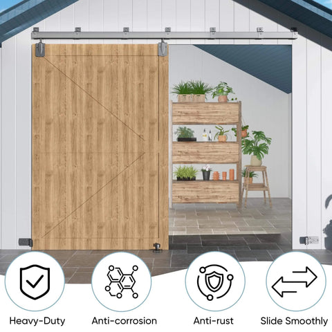 12 Ft Heavy Duty Exterior Barn Door Hardware Kit For Outdoor Use, Box Rail System With 450 Lb Capacity, Silver Finish installed
