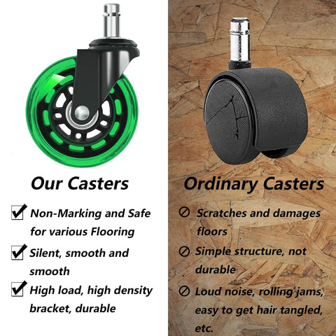 Heavy Duty 3 Inch Office Chair Wheels Replacement Set Of 5 Green Polyurethane Swivel Casters, showcasing smooth rolling green caster and ordinary black caster.