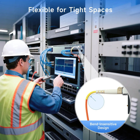 Technician using Battle Tested 10Gb Om1 Lc To Lc Plenum Fiber Optic Cable Multimode Duplex 62 Point 5 mm Patch Cord in data center