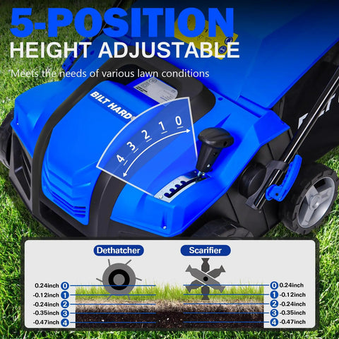 16 Inch Dethatcher And Scarifier For Lawn, Electric Walk Behind Tool with 5 Position Depth adjustment dial detail