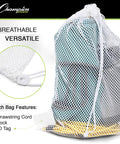 Breathable Mesh Sports Equipment Bag 12x18 Inch, Heavy Duty Nylon Drawstring Gear Sack With Lock And ID Tag holding gear.