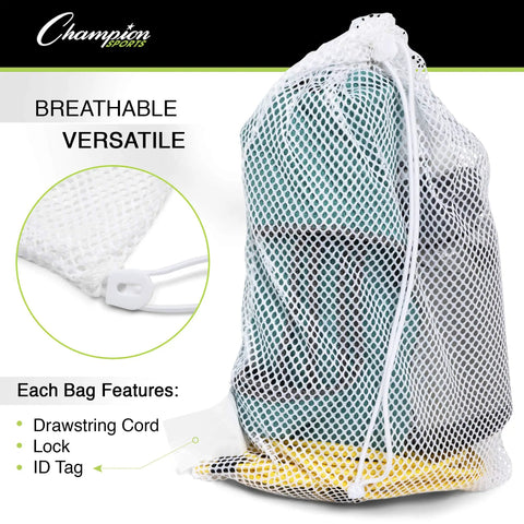 Breathable Mesh Sports Equipment Bag 12x18 Inch, Heavy Duty Nylon Drawstring Gear Sack With Lock And ID Tag holding gear.