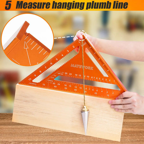 Pro Grade 12 Inch Carpenter Square And Rafter Square With Laser Etched Scale, measuring plumb line on wooden block.