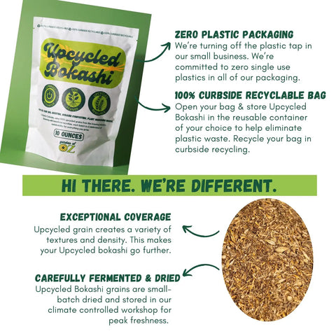 Upcycled Bokashi Compost Starter packaging and grains, 10 oz, 100% upcycled grains, zero plastic packaging, made in Colorado