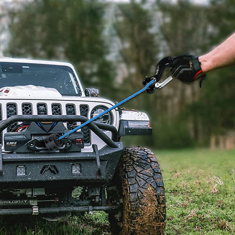 Beefy Heavy Duty Synthetic Winch Rope Three Eighths Inch By Ninety Two Feet With Hook And Protective Sleeve For Four By Four Off Road Trucks SUVs And Jeeps 27000 Pound Breaking Strength Lightweight UHMWPE Cable Kit in use with Jeep off-road