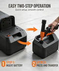 Portable 2.8 GPM Battery Powered Liquid Transfer Pump Cordless Handheld With Adjustable Flow For Vehicles Boats Lawn Equipment And Home Emergencies Perfect For Quick Liquid Transfers Orange Red, battery insert and transfer setup