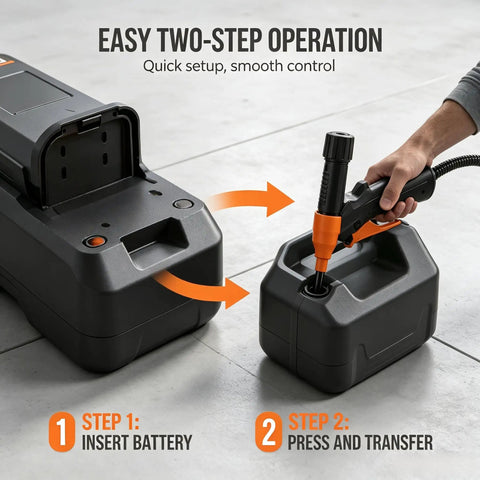 Portable 2.8 GPM Battery Powered Liquid Transfer Pump Cordless Handheld With Adjustable Flow For Vehicles Boats Lawn Equipment And Home Emergencies Perfect For Quick Liquid Transfers Orange Red, battery insert and transfer setup