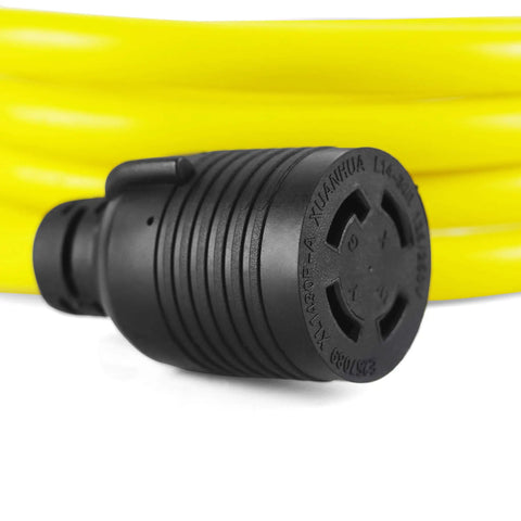 Close-up of black twist lock connector with yellow cable for L14-30 Generator Extension Cord 25Ft From L14-30P To L14-30R SJTW