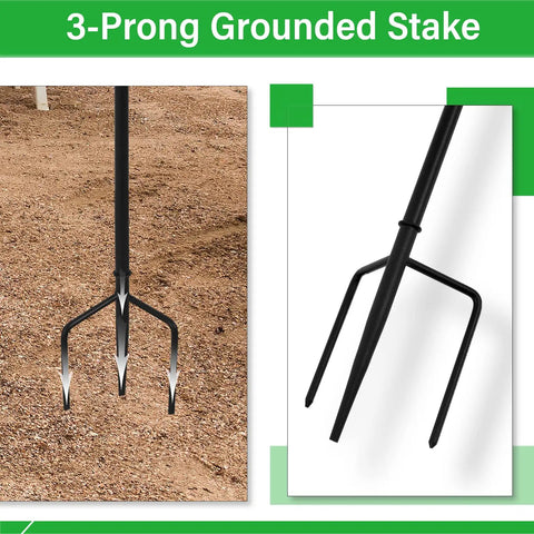 Close-up view of a 3-prong grounded stake for Six Pack Citronella Tiki Torches Outdoor 59.5 Inch Metal Garden Torches.
