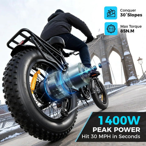 Rider on Beast 1400W Peak Electric Bike For Adults With Full Suspension 30 MPH Top Speed 48V 13Ah Fat Tires on bridge