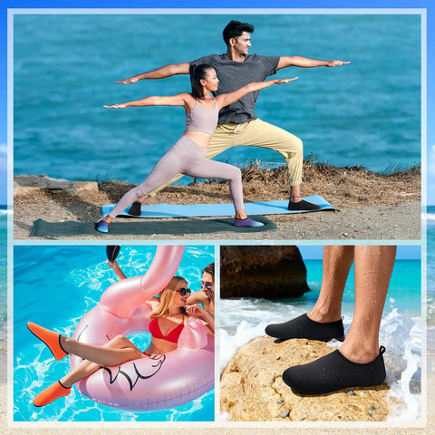 Water Shoes For Women And Men Quick Dry Aqua Socks For Beach Pool Yoga And Outdoor Sports, shown in yoga and beach activities.