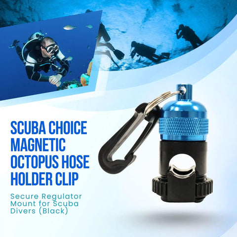 Blue Magnetic Regulator Octo Hose Holder Clip for scuba gear, shown with durable high tensile polymer mount and carabiner clip