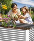 Three Piece Galvanized Raised Garden Bed Set For Outdoors 36 Inch By 18 Inch Above Ground Planter with flowers in garden