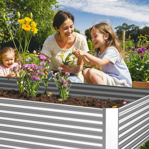 Three Piece Galvanized Raised Garden Bed Set For Outdoors 36 Inch By 18 Inch Above Ground Planter with flowers in garden