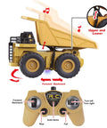 Two Pack Remote Control Construction Vehicle Set With Friction Powered Excavator And Dump Truck Realistic Lights And Sounds For Imaginative Play Great Gift For Toddlers Boys And Girls showing remote control and dump truck functions