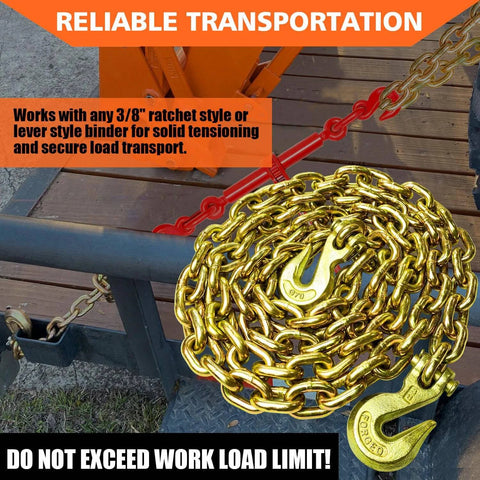 Coiled G80 Transport Binder Chain Three Eighths Inch Ten Foot Clevis Grab Hooks Safe Working Load 7100 Lbs For Tie Down Towing.