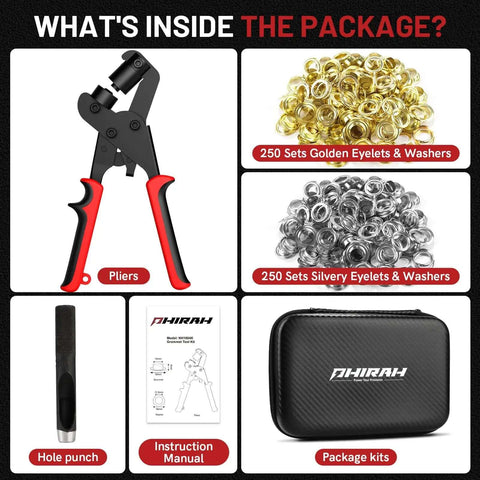 3/8-Inch Grommet Kit With Handheld Eyelet Pliers, 500 Eyelets, 250 Brass And 250 Silver, Plus Tool Bag, components displayed