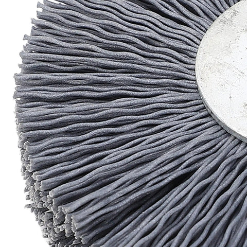 Close-up of Key Deburring Brush for Key Cutting Machines with crimped nylon and stainless steel wheel, compact 80x20x10mm