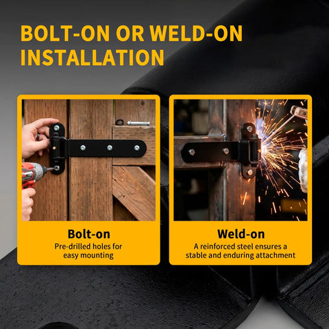 Heavy Duty Gate Hinges 900 Lbs Capacity, 180 Degree Open, bolt-on and weld-on installation with drill and welding sparks