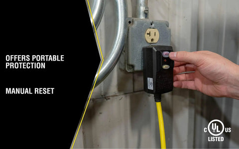 Hand resetting Woods GFCI Outdoor Extension Cord 14/3 SJTW 6 Foot Right Angle Plug with lighted receptacle, wall outlet