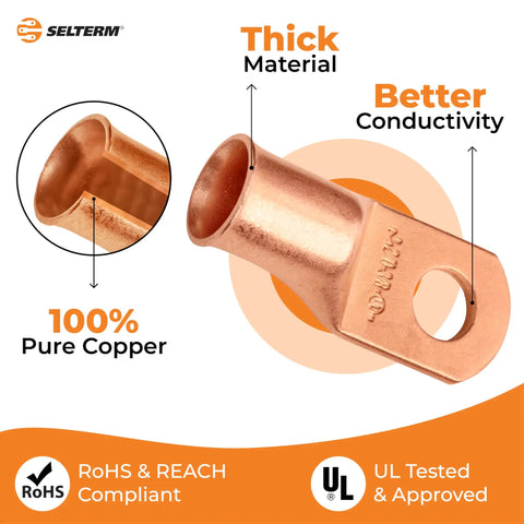 10 Pack 2/0 AWG Battery Lugs With 3/8 Inch Stud Ring Terminal Connectors Heavy Duty Bare Copper Wire Ends