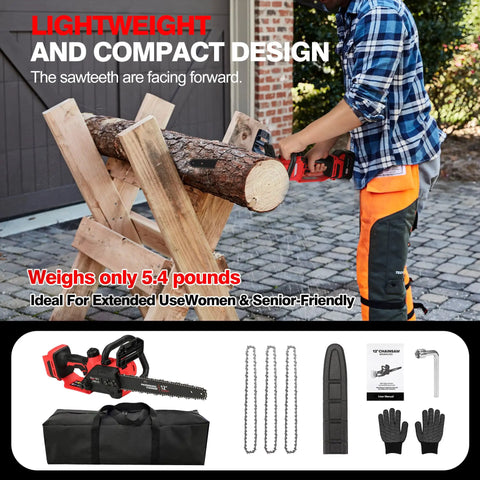 Person using 12 Inch Brushless Cordless Chainsaw Tool Only, 1000W Copper Motor, Auto Oiler, Security Lock, Battery Not Included
