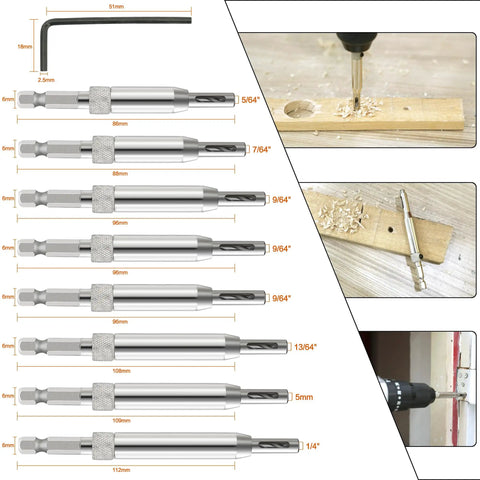 Pro Grade Self Centering Drill Bit Set 17 Pieces with one quarter inch hex shank shown with hex key and various sized bits