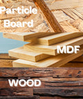 Image showing three materials: particle board, MDF, and wood suitable for Pro-Grade M7 x 75mm Hex Socket Countersunk Self-Tapping Furniture Screws 100 Pack For Easy Flat Pack Assembly And DIY Cabinet Builds, Durable Quick-Drive Fasteners Perfect For Cabinet Repair.