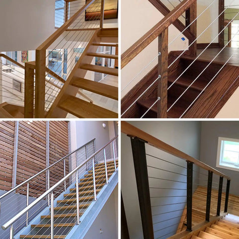 Heavy Duty Marine Grade T316 Stainless Steel Cable Protector Sleeves Kit For One Eighth Inch Railing Cables, installed on wooden stairs.