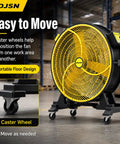 Heavy Duty Industrial Floor Fan 35.8 Inch Brushless Drum Circulator with caster wheels for easy mobility in workspaces.