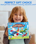 Child holding All In One DIY Wooden Airplane Craft Kit For Kids Ages 6 To 12 Totally Kid Friendly Build Four Aircraft And Paint With Six Paint Tubs Two Brushes And Stickers Easy To Follow Instructions Great Birthday Gift For Young Builders box