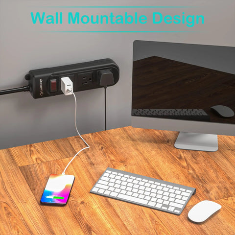 Wall-mounted Outdoor Weatherproof Power Strip With 3 Outlets and Flat Plug 6.5 Ft Extension Cord in a home office setup