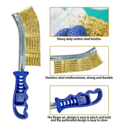 Heavy Duty 11 Inch Wire Brush Set With Plastic Handle For Automotive Jobs Grill Cleaning Rust And Paint Removal Welding Slag And Household Use More And Thicker Bristles Pack Of 2 showing ergonomic handle and metal bristles details
