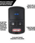 Intellicode Wireless Wall Console for Garage Door Openers Made After 2013 showing buttons and blue LED, black finish.