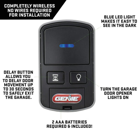 Intellicode Wireless Wall Console for Garage Door Openers Made After 2013 showing buttons and blue LED, black finish.