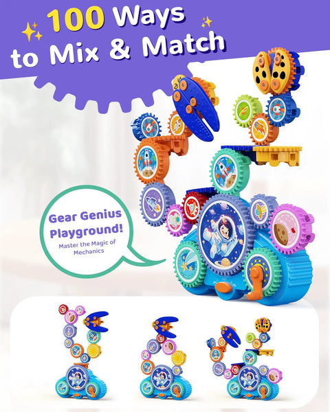 Gear Building Toys For Kids Electric And Manual Construction Set with colorful gears and mix-match options for ages 3 to 12.