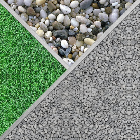 Close-up of a sectioned garden layout with green grass, pebbles, and gravel, showcasing a variety of landscaping materials.