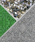 Top view of three surface textures: green grass, smooth pebbles, and small gray gravel in a diagonal layout.