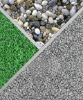 Top view of green grass, river stones, and gray gravel sections divided by metal frames, representing varied surfaces for Spring Loaded Gate Casters 5 Inch Heavy Duty Beefy Gate Caster Wheels With Hardware 400 Lbs Load Capacity Per Caster Durable Mounting Plate With Four Holes For Farms Estates And Home Gates.