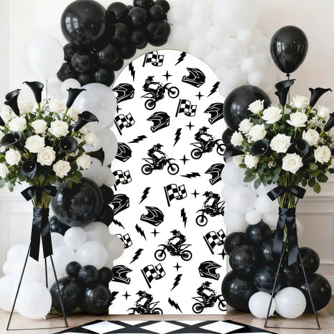 Totally Dope Motocross Arch Backdrop Cover 6ft Black White Dirt Bike Vibe Stretchy Spandex Fit For Motorcycle Weddings installation view