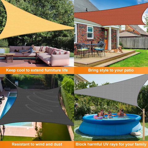 Various beige sun shade sails covering outdoor areas, showing versatility for patios, gardens, and pools in different settings.